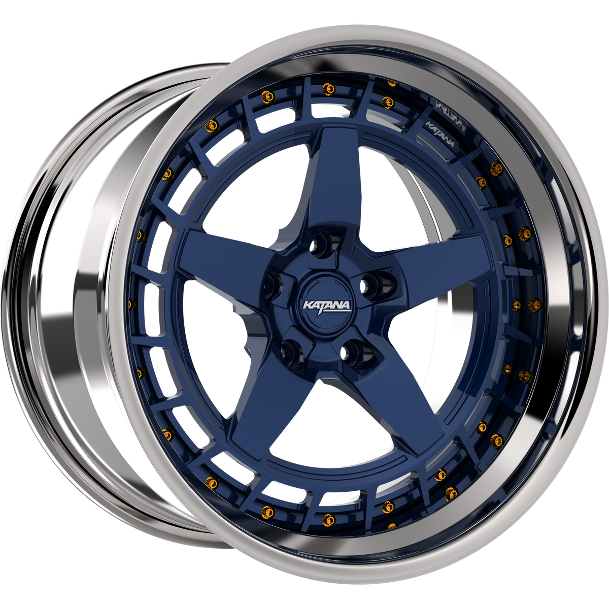 Katana Concept Series CR01 forged 3-piece wheel, blue with gold bolts and chrome lip