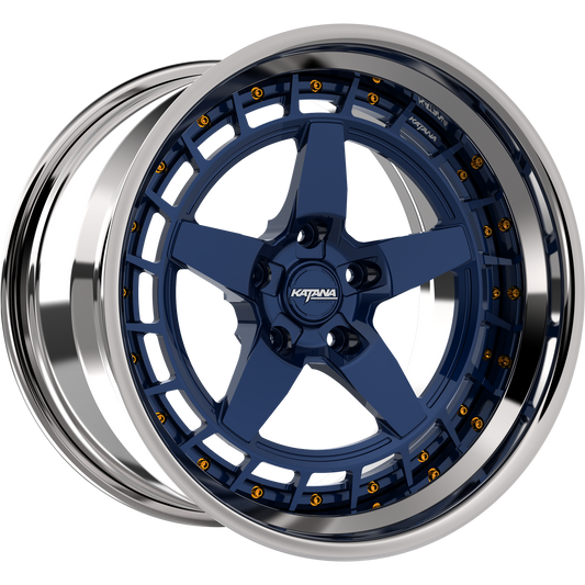 Katana Concept Series CR01 forged 3-piece wheel, blue with gold bolts and chrome lip