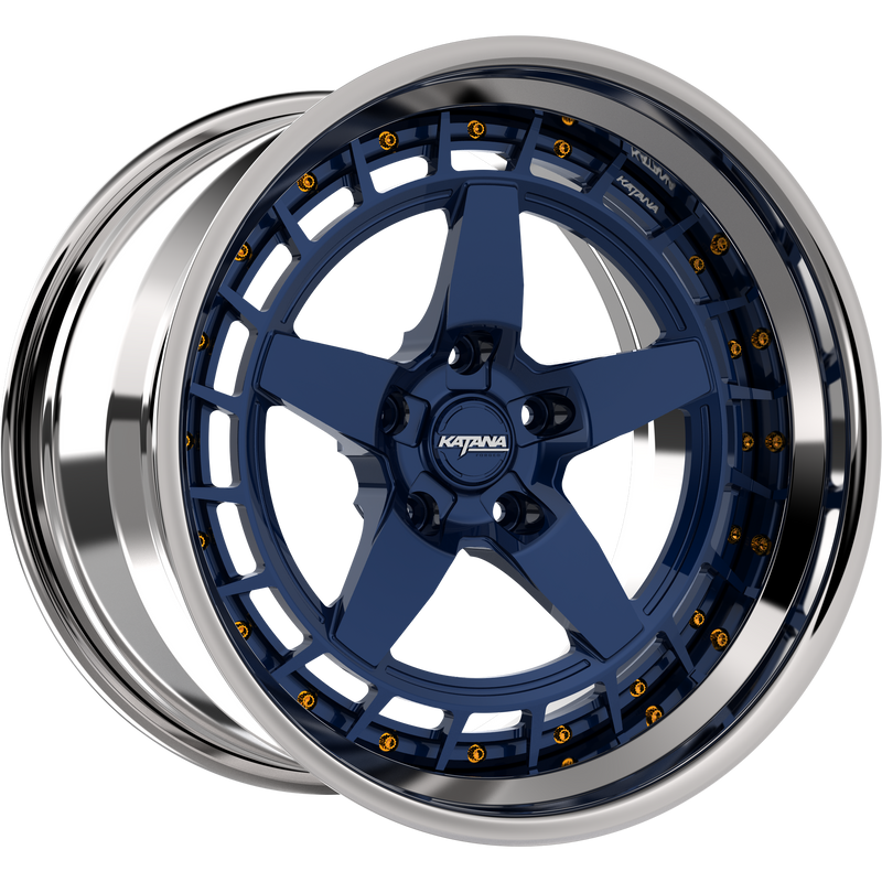 Katana Concept Series CR01 forged 3-piece wheel, blue with gold bolts and chrome lip