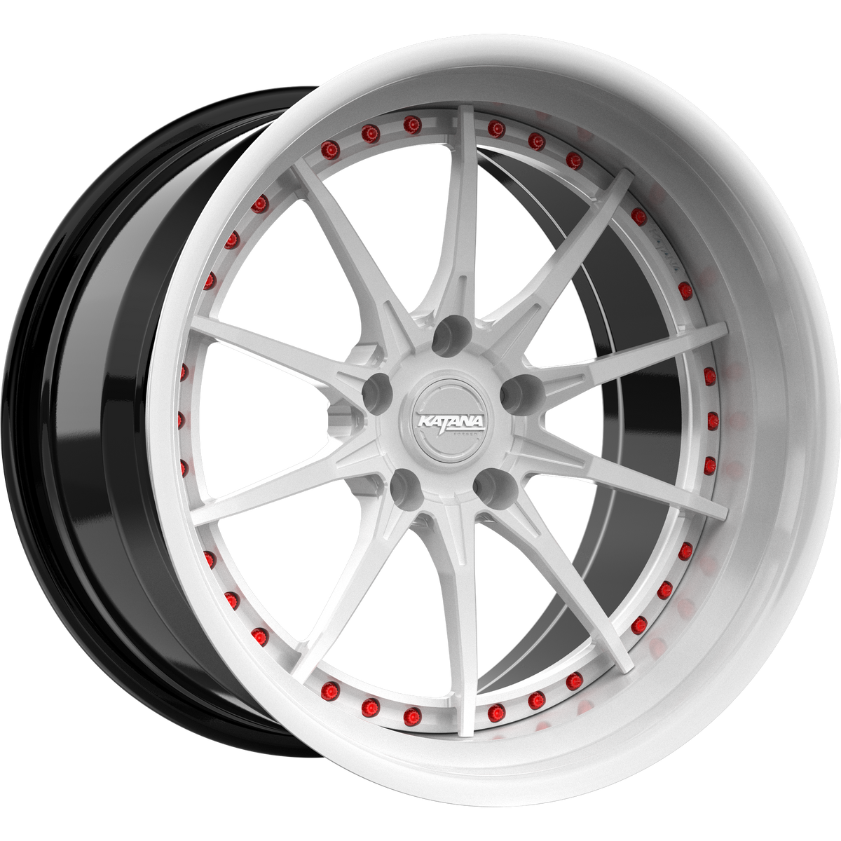 Katana Concept Series CR03 forged 3-piece wheel, white with red bolts and white lip