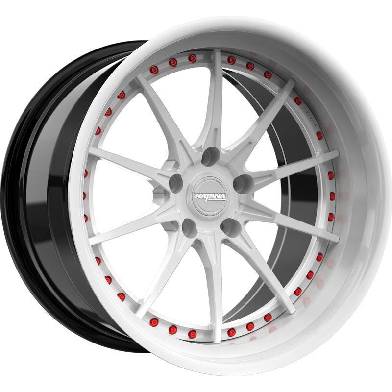 Katana Concept Series CR03 forged 3-piece wheel, white with red bolts and white lip