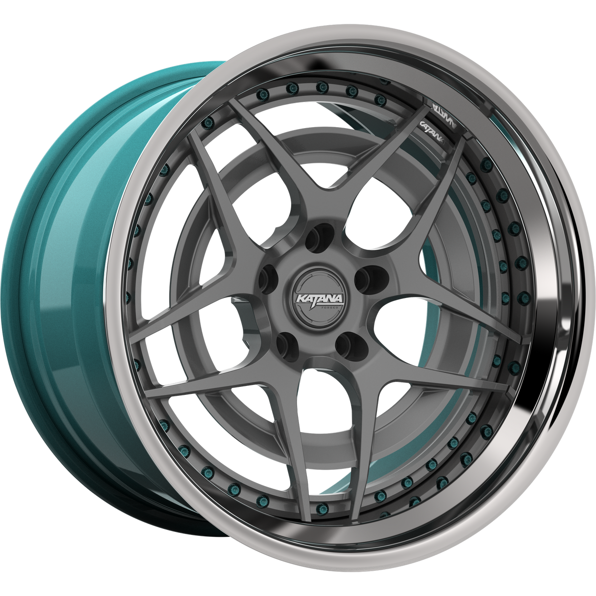 Katana Concept Series CR04 forged 3-piece wheel, satin grey with turquoise bolts and inner chrome lip