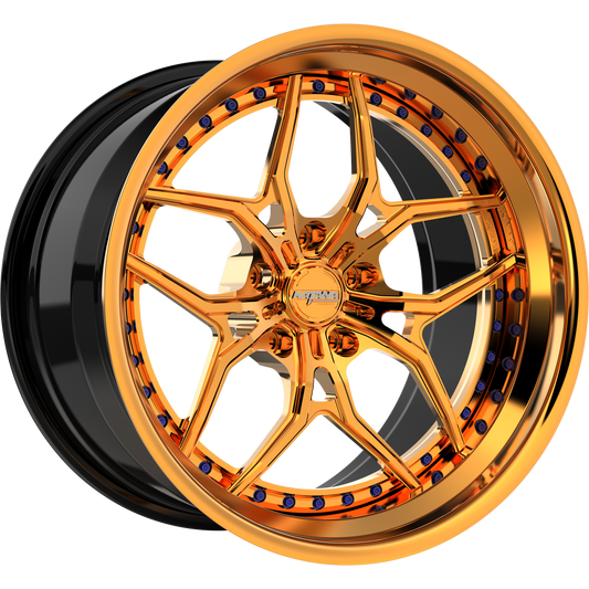 Katana Concept Series CR06 forged 3-piece wheel, gold with blue bolts and gold lip