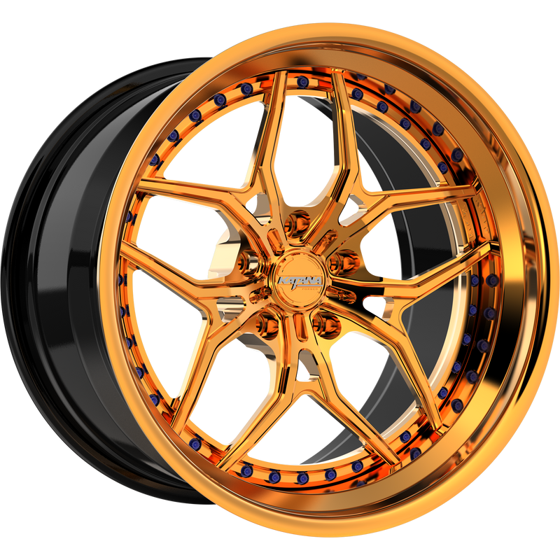 Katana Concept Series CR06 forged 3-piece wheel, gold with blue bolts and gold lip