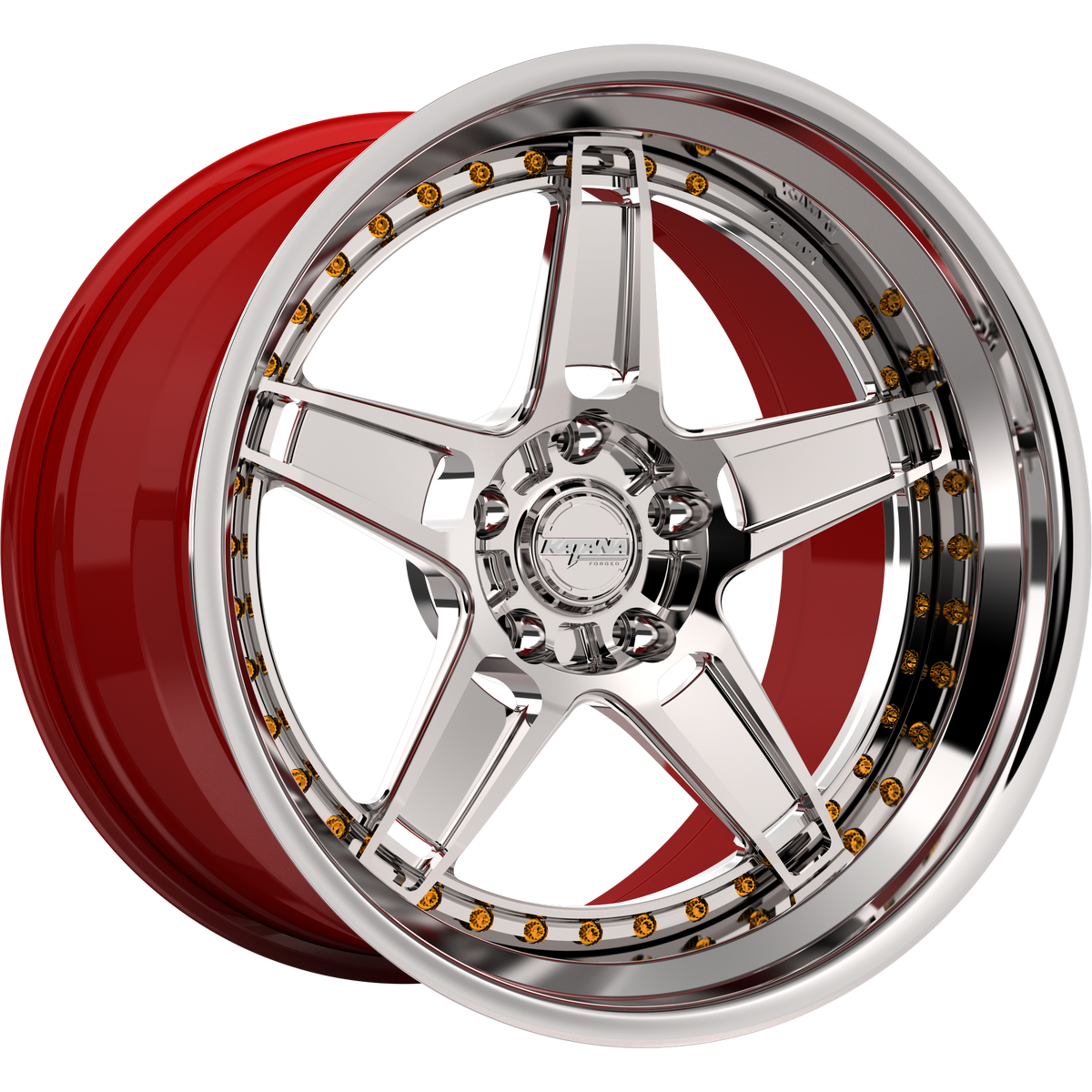 Katana Concept Series CR07 forged 3-piece wheel, bright chrome with gold bolts, red inner barrel and chrome lip