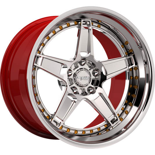 Katana Concept Series CR07 forged 3-piece wheel, bright chrome with gold bolts, red inner barrel and chrome lip
